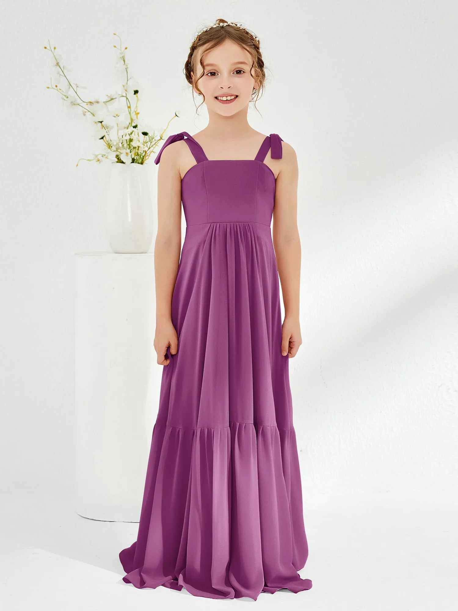 A-Line Bow Ruffle Junior Bridesmaid Dresses Orchid