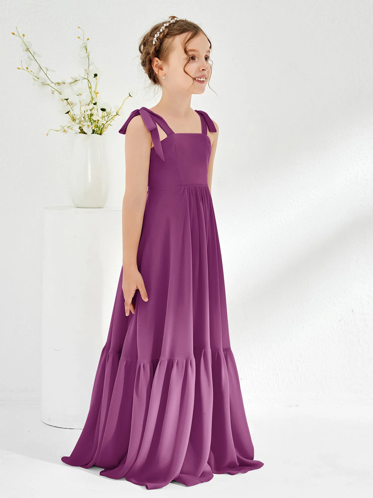 A-Line Bow Ruffle Junior Bridesmaid Dresses Orchid