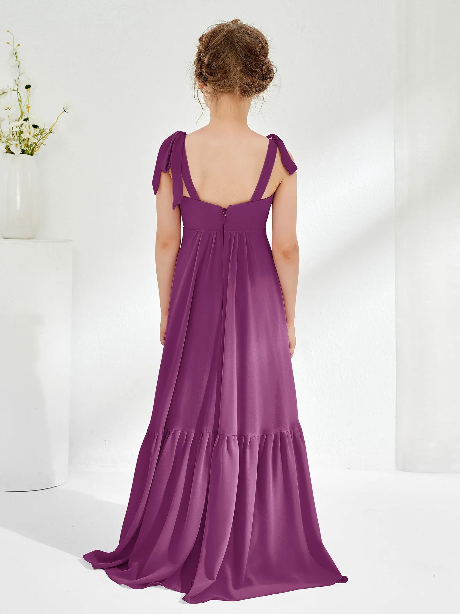A-Line Bow Ruffle Junior Bridesmaid Dresses Orchid