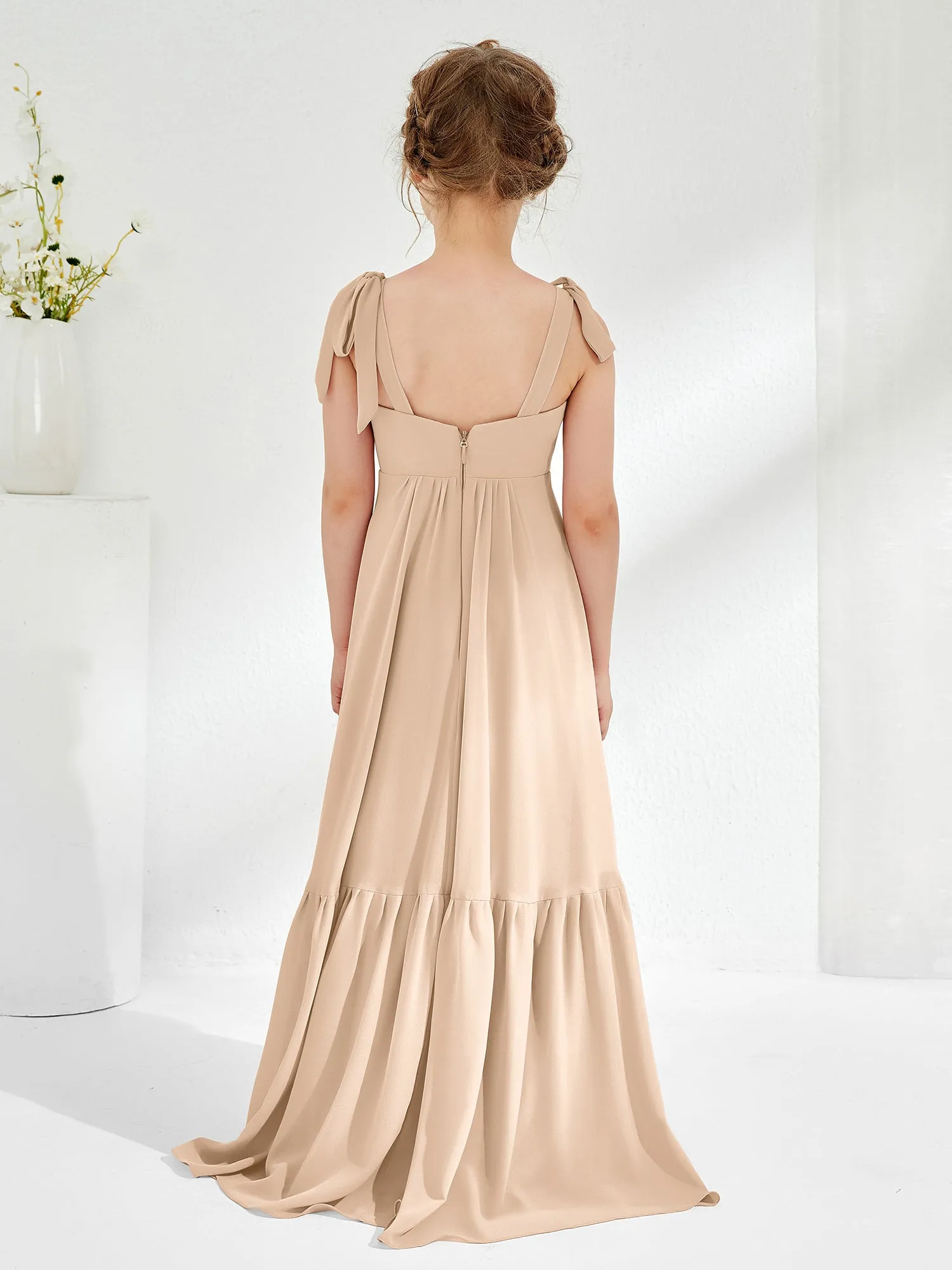 A-Line Bow Ruffle Junior Bridesmaid Dresses Peach