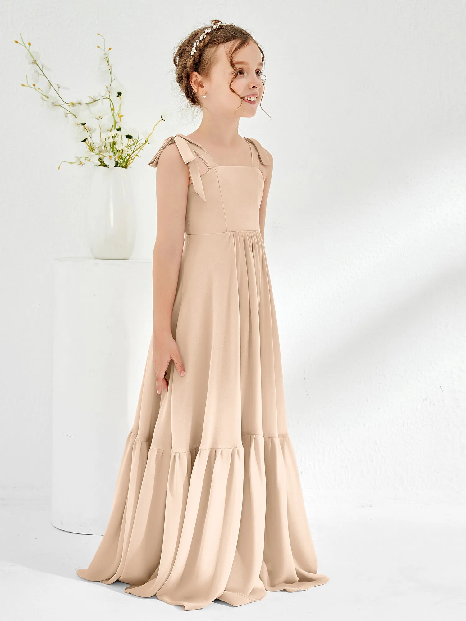 A-Line Bow Ruffle Junior Bridesmaid Dresses Peach