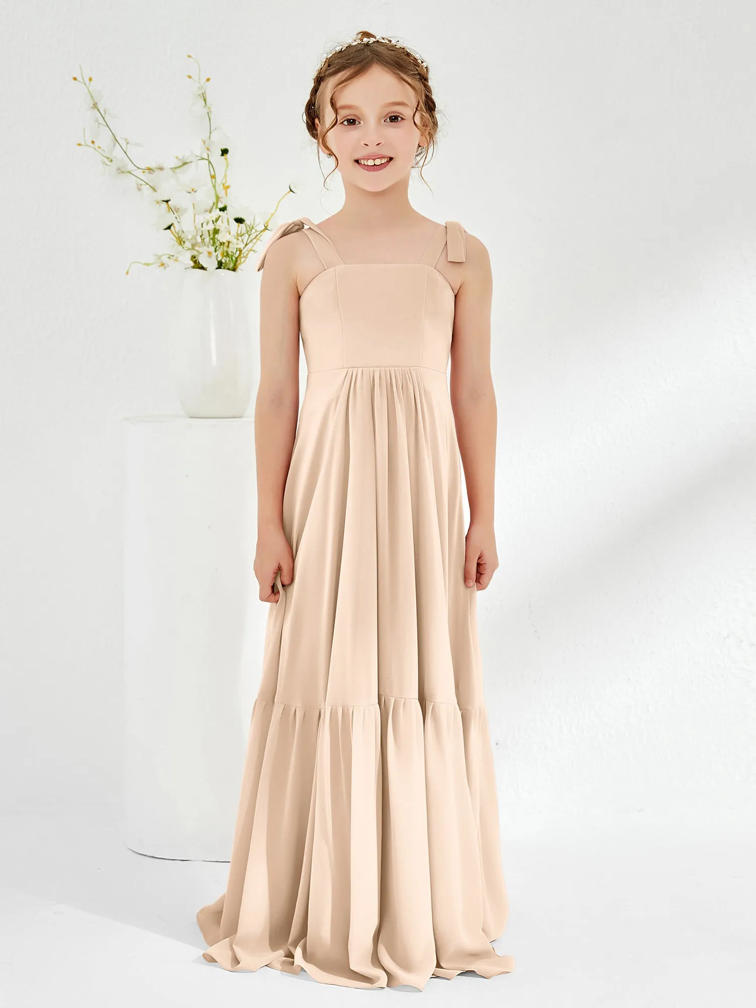 A-Line Bow Ruffle Junior Bridesmaid Dresses Peach