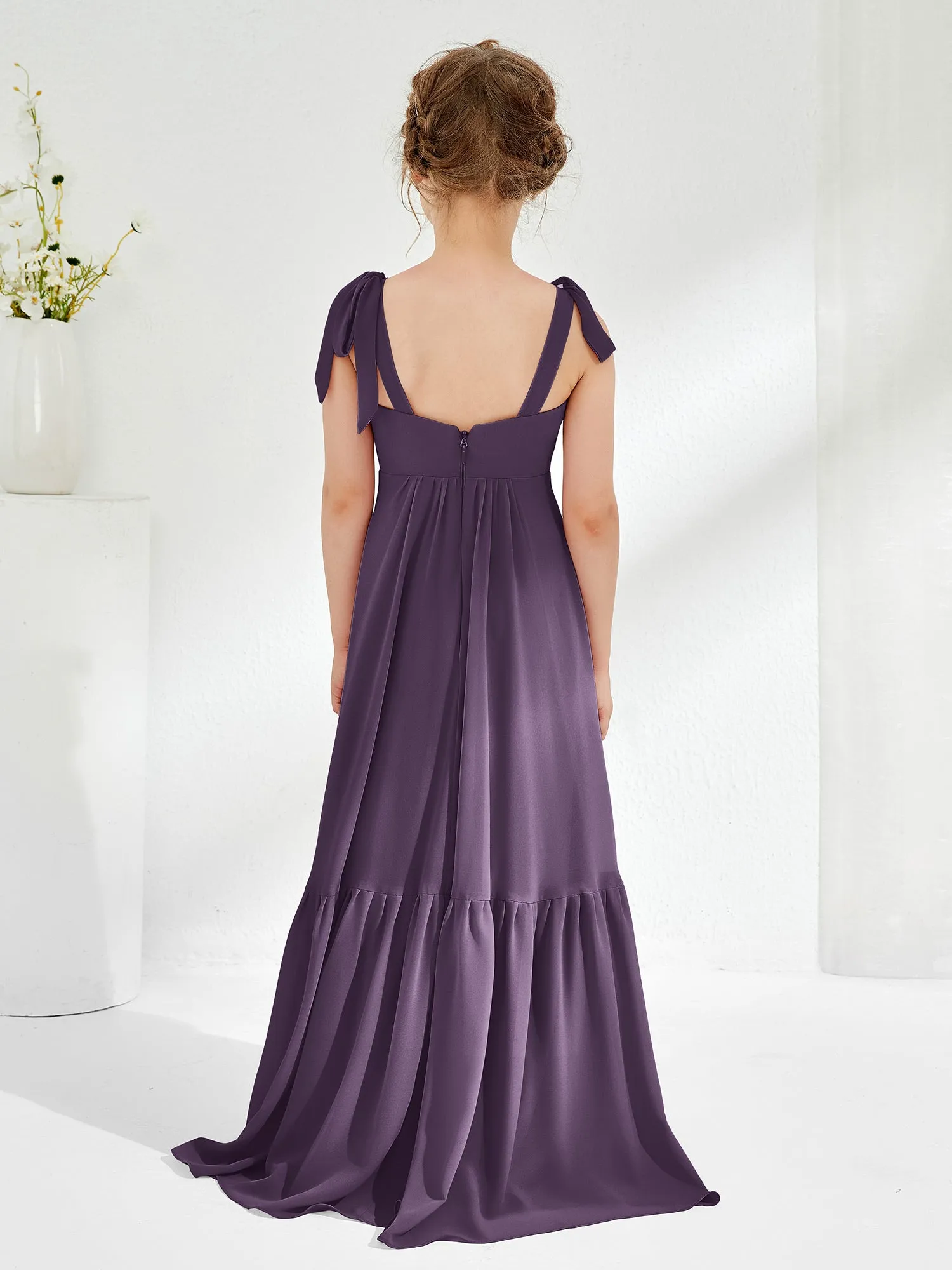 A-Line Bow Ruffle Junior Bridesmaid Dresses Plum