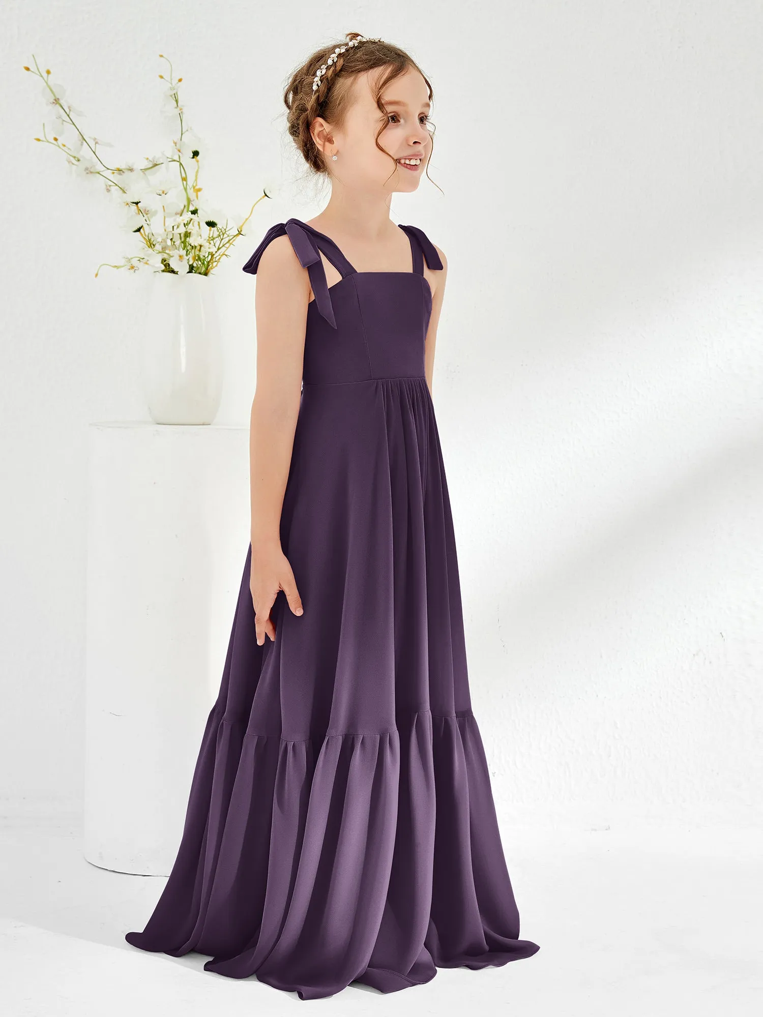 A-Line Bow Ruffle Junior Bridesmaid Dresses Plum