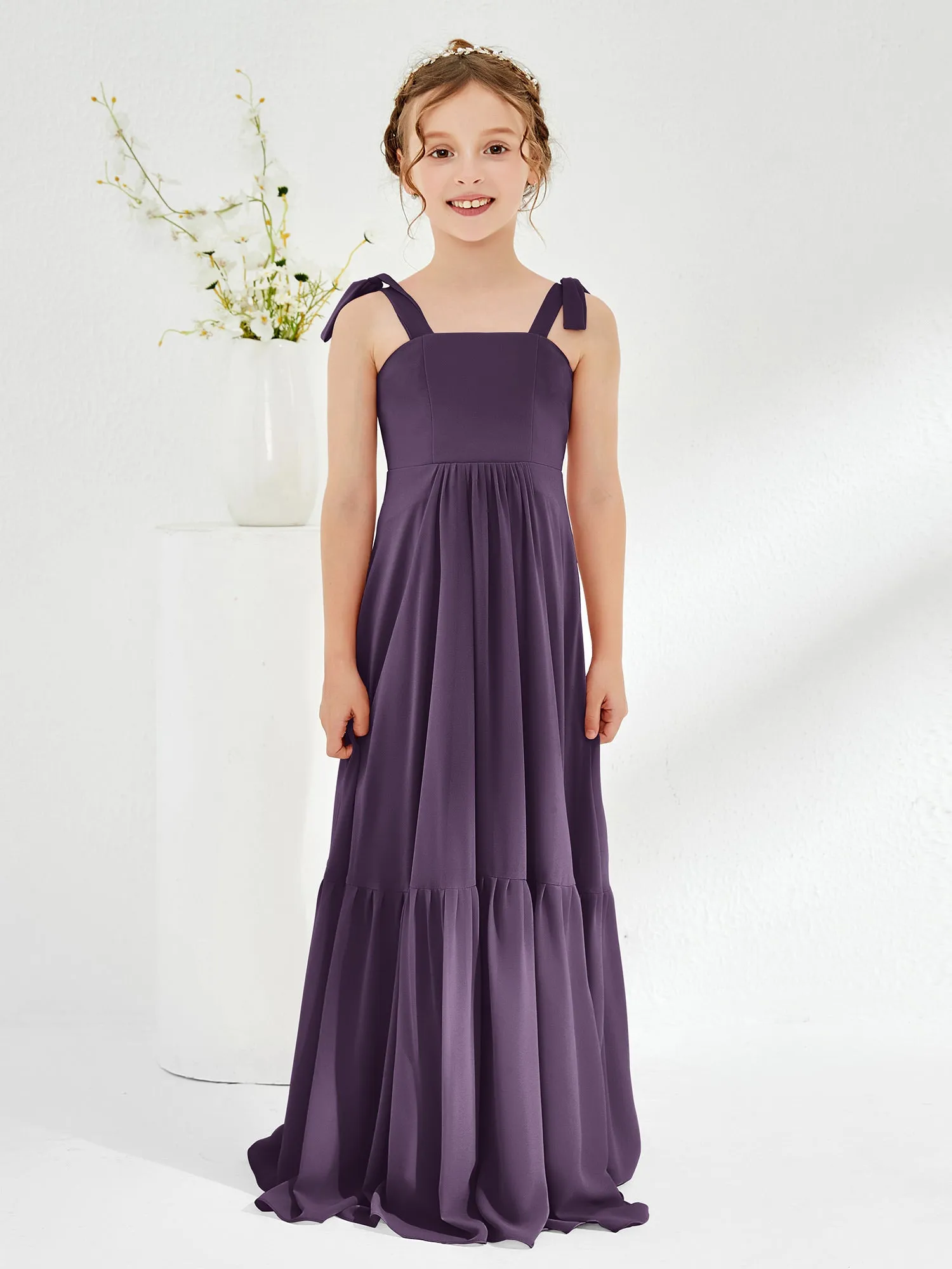 A-Line Bow Ruffle Junior Bridesmaid Dresses Plum