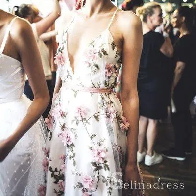 A-line Spaghetti Straps Long Prom Dress 3D Floral Lace Foraml Dress Evening Gowns SED022