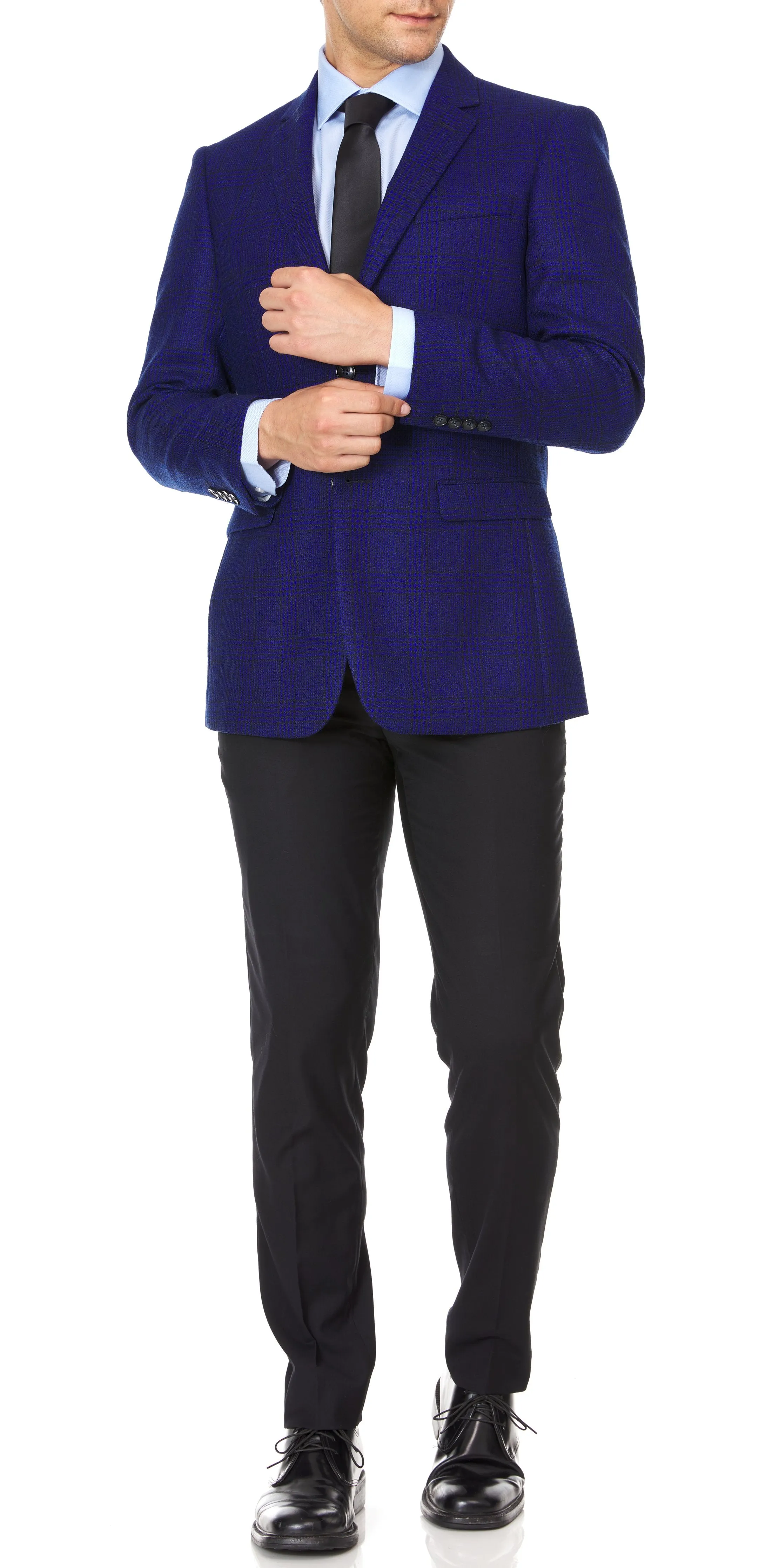 Adam Baker Men's Single Breasted 100% Wool Ultra Slim Fit Blazer/Sport Coat - Blue Plaid