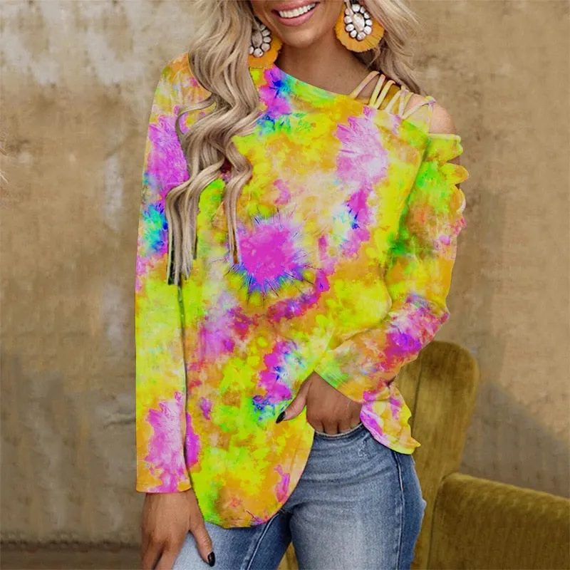 Ashore Shop New Tie-Dye Print Long Sleeve T-shirt Women Off Shoulder Slant Collar Sexy Loose CropTop Oversize Street Blouses Female Clothes
