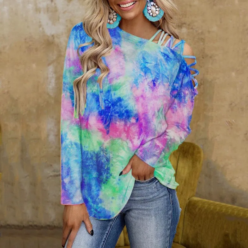 Ashore Shop New Tie-Dye Print Long Sleeve T-shirt Women Off Shoulder Slant Collar Sexy Loose CropTop Oversize Street Blouses Female Clothes