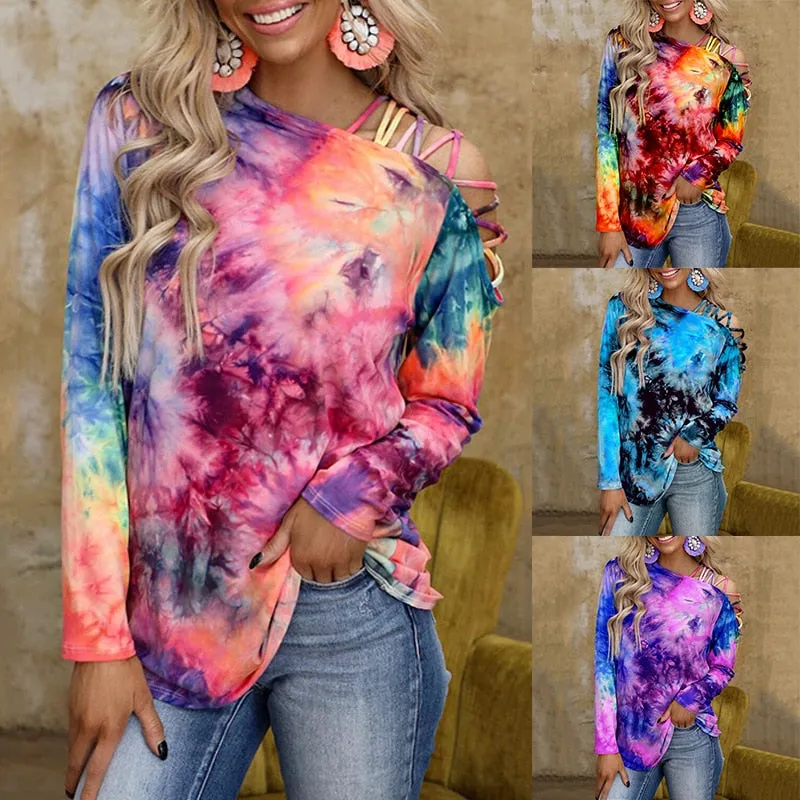 Ashore Shop New Tie-Dye Print Long Sleeve T-shirt Women Off Shoulder Slant Collar Sexy Loose CropTop Oversize Street Blouses Female Clothes