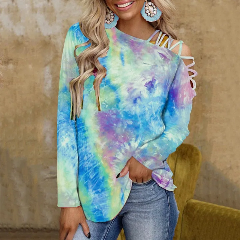 Ashore Shop New Tie-Dye Print Long Sleeve T-shirt Women Off Shoulder Slant Collar Sexy Loose CropTop Oversize Street Blouses Female Clothes