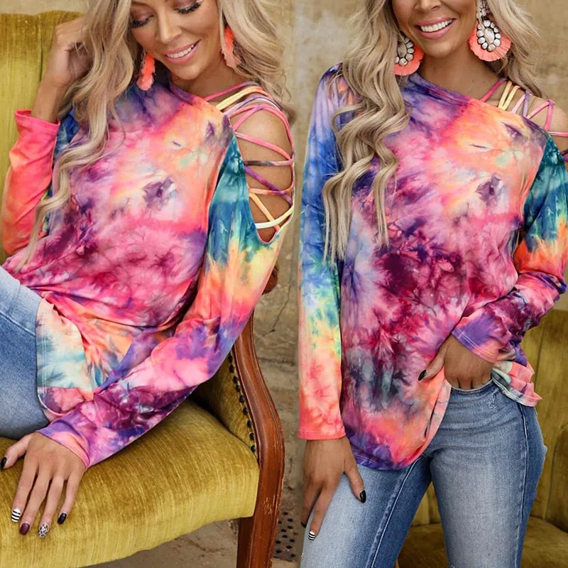 Ashore Shop New Tie-Dye Print Long Sleeve T-shirt Women Off Shoulder Slant Collar Sexy Loose CropTop Oversize Street Blouses Female Clothes