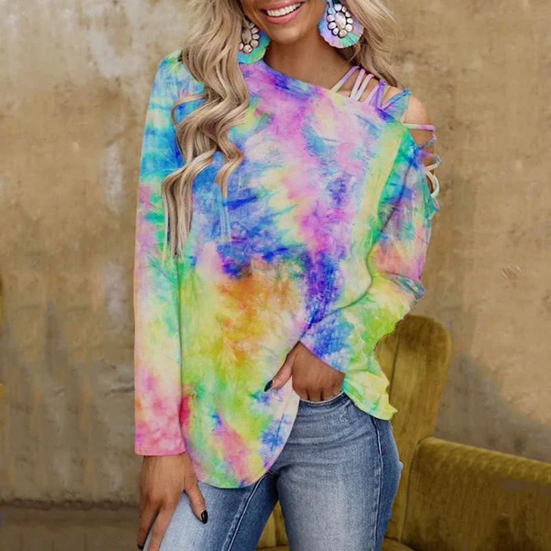 Ashore Shop New Tie-Dye Print Long Sleeve T-shirt Women Off Shoulder Slant Collar Sexy Loose CropTop Oversize Street Blouses Female Clothes