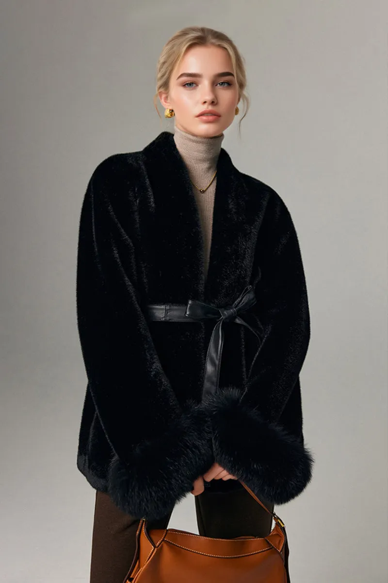 Belted Faux Mink Fur Wrap Coat with Real Fox Fur Cuff