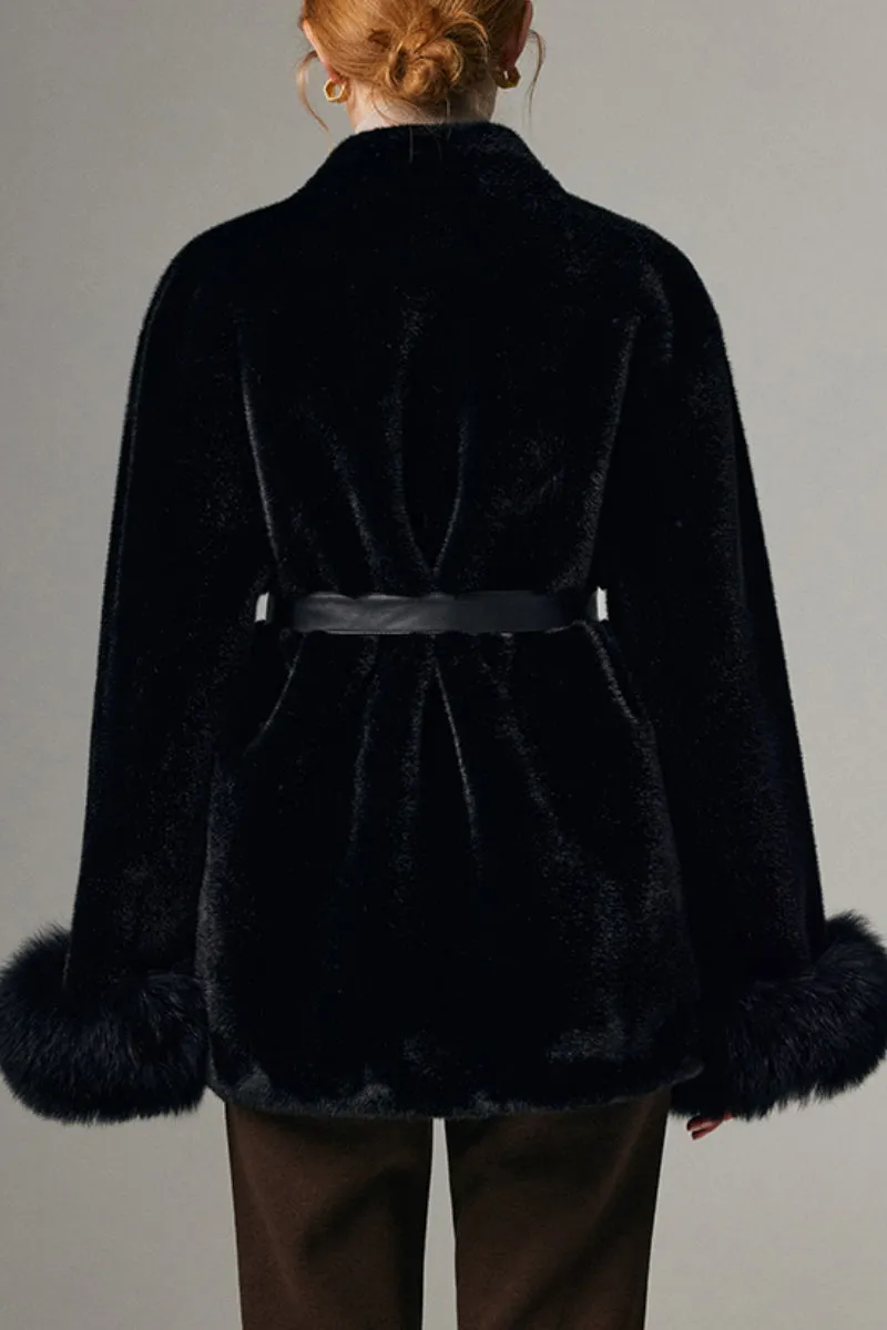 Belted Faux Mink Fur Wrap Coat with Real Fox Fur Cuff