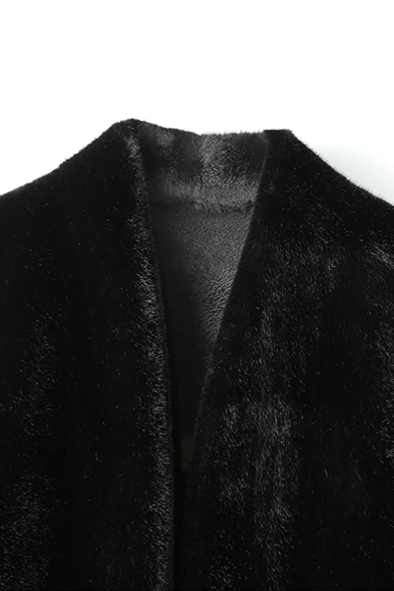 Belted Faux Mink Fur Wrap Coat with Real Fox Fur Cuff