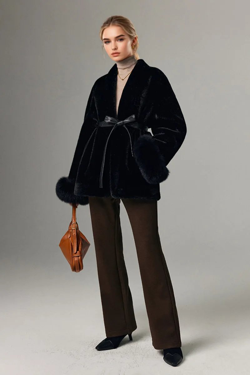 Belted Faux Mink Fur Wrap Coat with Real Fox Fur Cuff