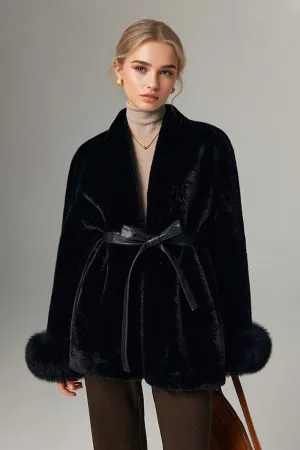 Belted Faux Mink Fur Wrap Coat with Real Fox Fur Cuff