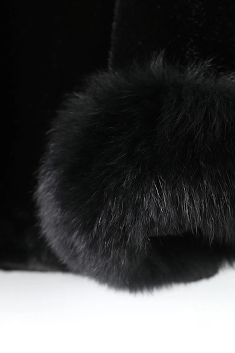 Belted Faux Mink Fur Wrap Coat with Real Fox Fur Cuff