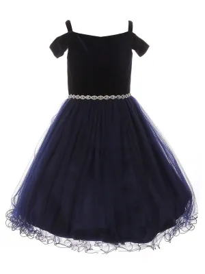 Big Girls Navy Rhinestone Velvet Off-Shoulder Junior Bridesmaid Dress 8-14