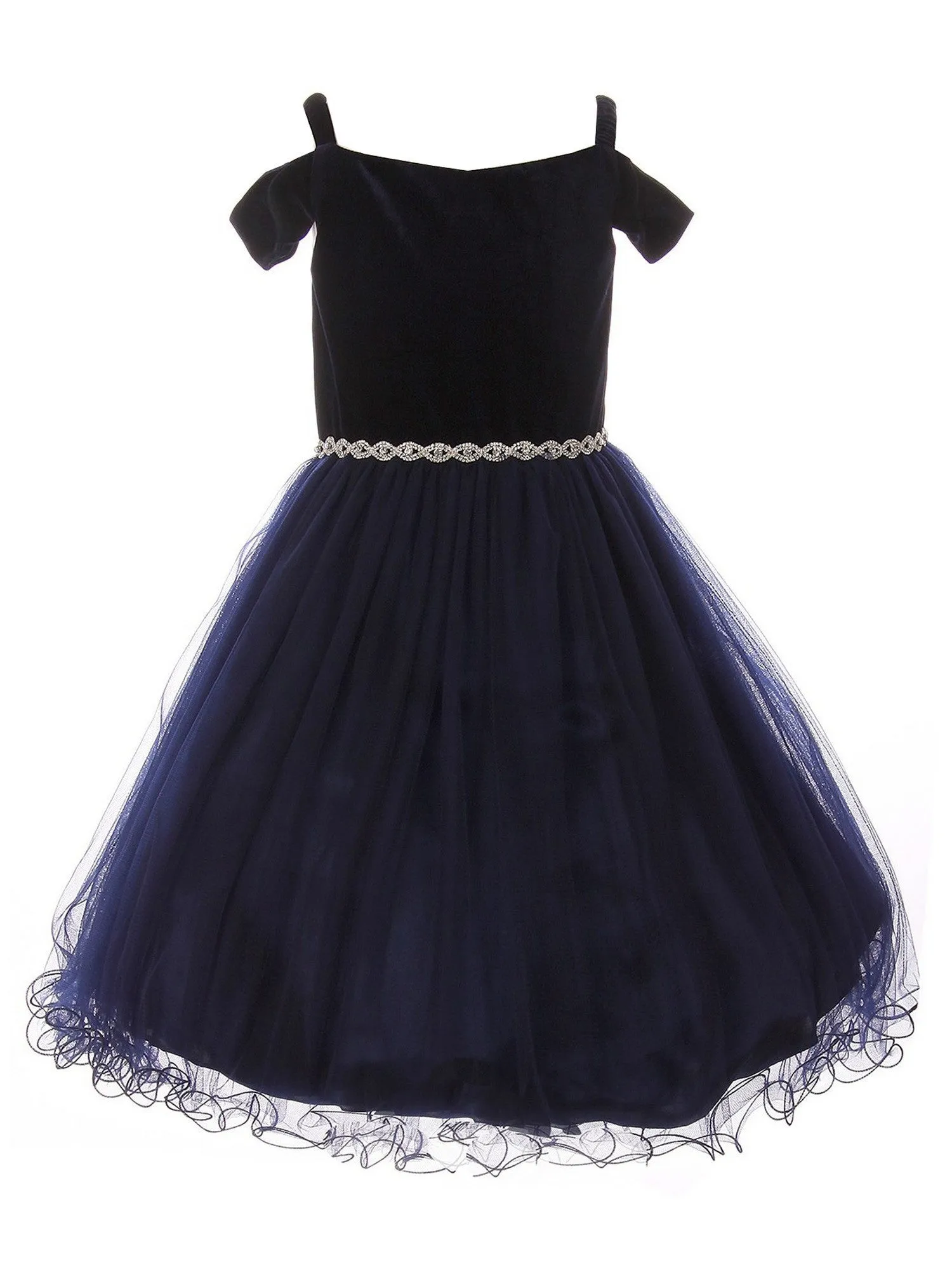 Big Girls Navy Rhinestone Velvet Off-Shoulder Junior Bridesmaid Dress 8-14