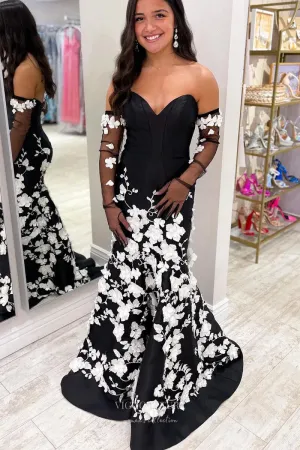 Black and White Lace Applique Prom Dresses Strapless Mermaid Sheer Sleeve 24199
