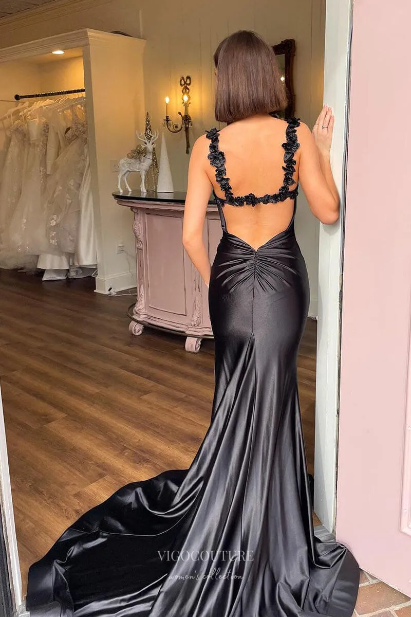 Black Mermaid Satin Prom Dresses with Slit Lace Applique Strap 24193