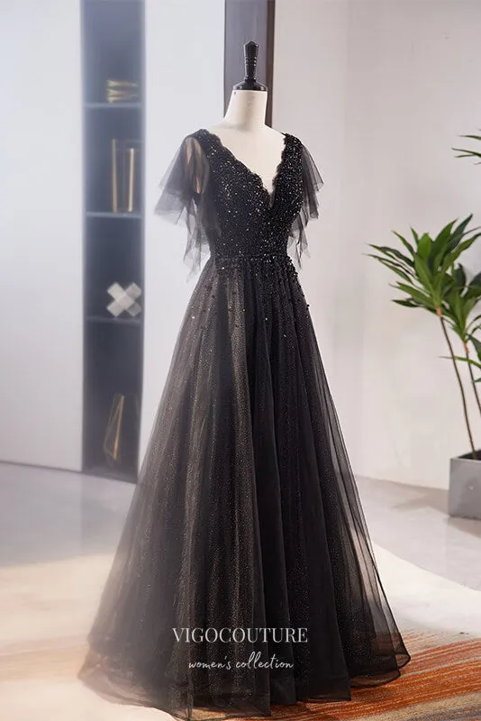 Black Shimmering Beaded Prom Dress with V-Neck 22316