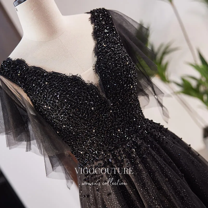Black Shimmering Beaded Prom Dress with V-Neck 22316