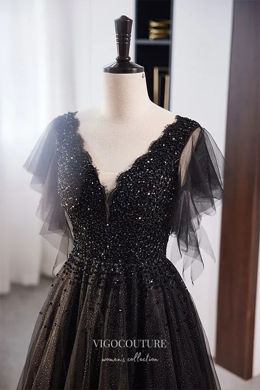 Black Shimmering Beaded Prom Dress with V-Neck 22316