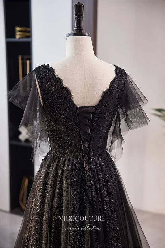 Black Shimmering Beaded Prom Dress with V-Neck 22316