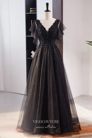 Black Shimmering Beaded Prom Dress with V-Neck 22316