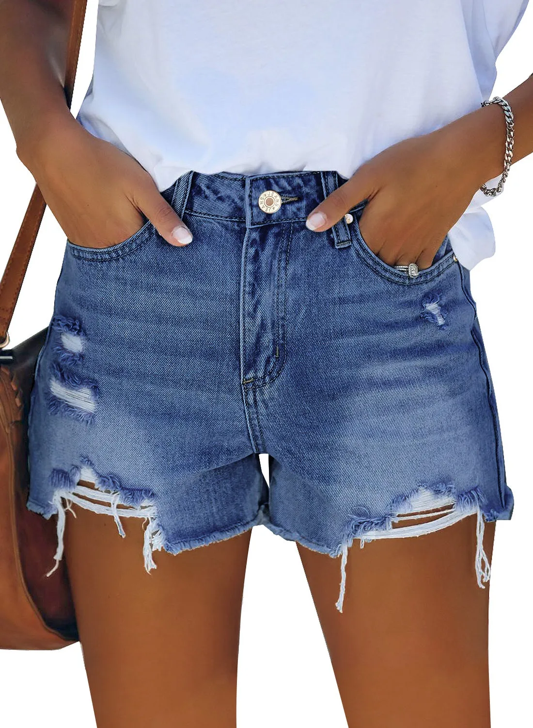 Blue High Waist Ruched Hem Distressed Denim Shorts