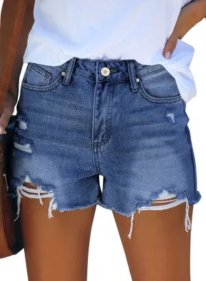 Blue High Waist Ruched Hem Distressed Denim Shorts
