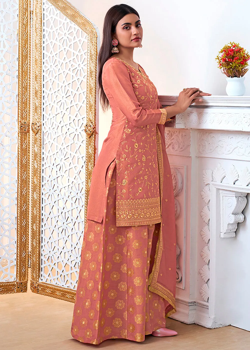 Brink Pink Tissue Silk Sharara Suit Set with Pitta Work and Gold Jhalar Dupatta