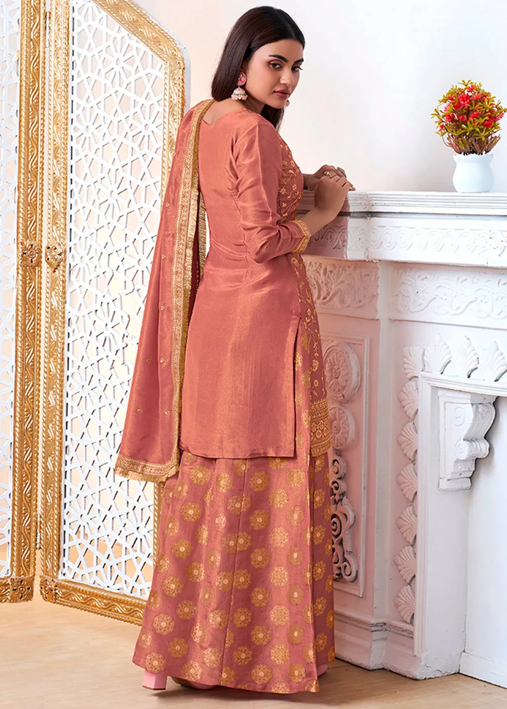Brink Pink Tissue Silk Sharara Suit Set with Pitta Work and Gold Jhalar Dupatta