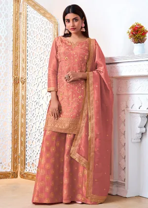 Brink Pink Tissue Silk Sharara Suit Set with Pitta Work and Gold Jhalar Dupatta