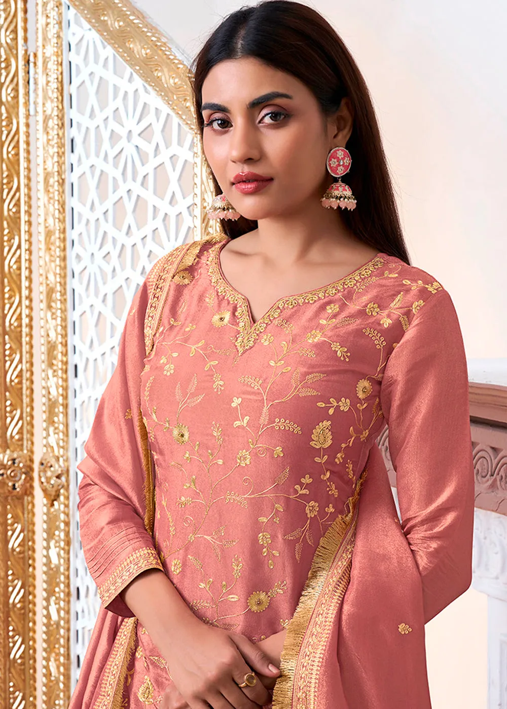 Brink Pink Tissue Silk Sharara Suit Set with Pitta Work and Gold Jhalar Dupatta