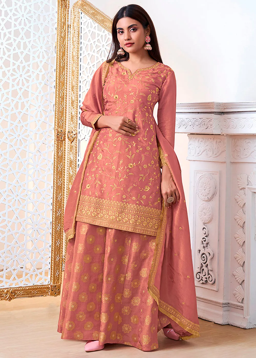 Brink Pink Tissue Silk Sharara Suit Set with Pitta Work and Gold Jhalar Dupatta