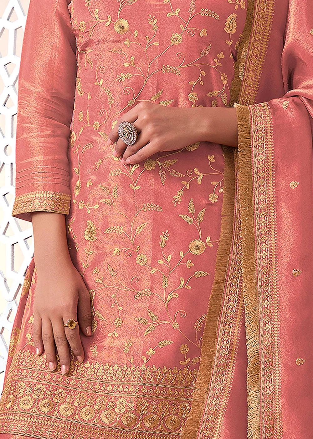 Brink Pink Tissue Silk Sharara Suit Set with Pitta Work and Gold Jhalar Dupatta