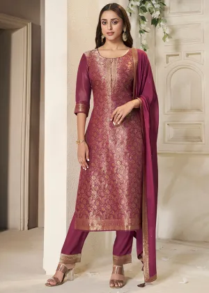 Cardinal Purple Floral Jacquard Tissue Kurta Set with Sequins Embellishments