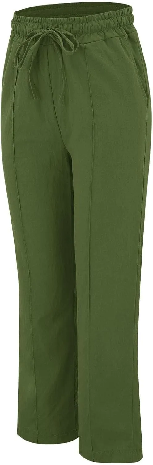 Casual Linen Pants Women Summer Trendy Drawstring Waist Plus Size Pants Lightweight Baggy Lounge Pants with Pockets