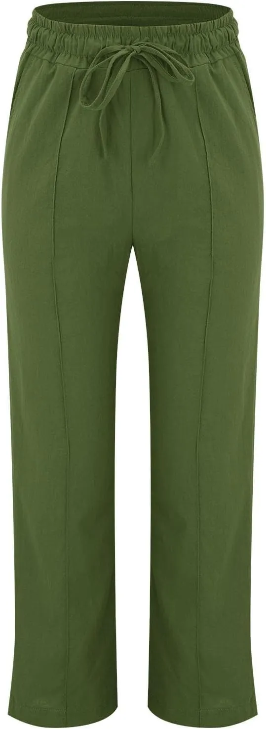 Casual Linen Pants Women Summer Trendy Drawstring Waist Plus Size Pants Lightweight Baggy Lounge Pants with Pockets