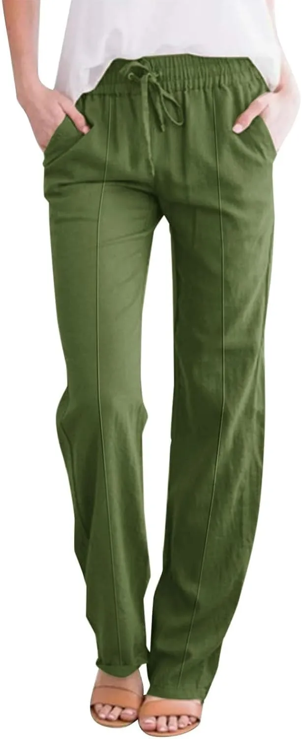 Casual Linen Pants Women Summer Trendy Drawstring Waist Plus Size Pants Lightweight Baggy Lounge Pants with Pockets