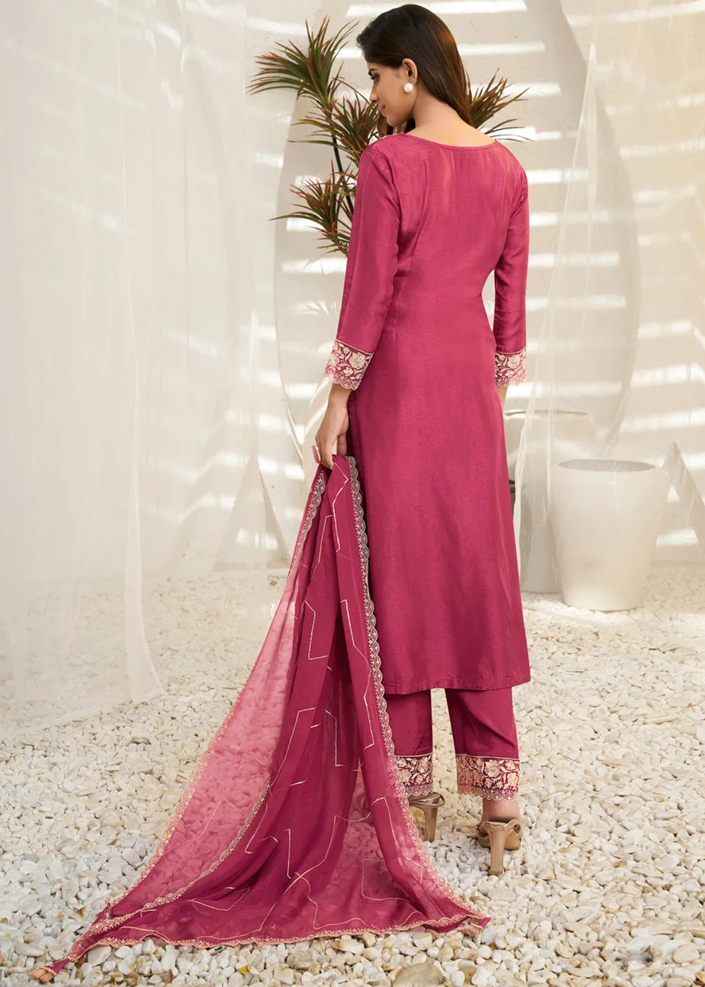 Cherry Pink Dola Silk Suit Featuring Designer Yoke & Beaded Handwork