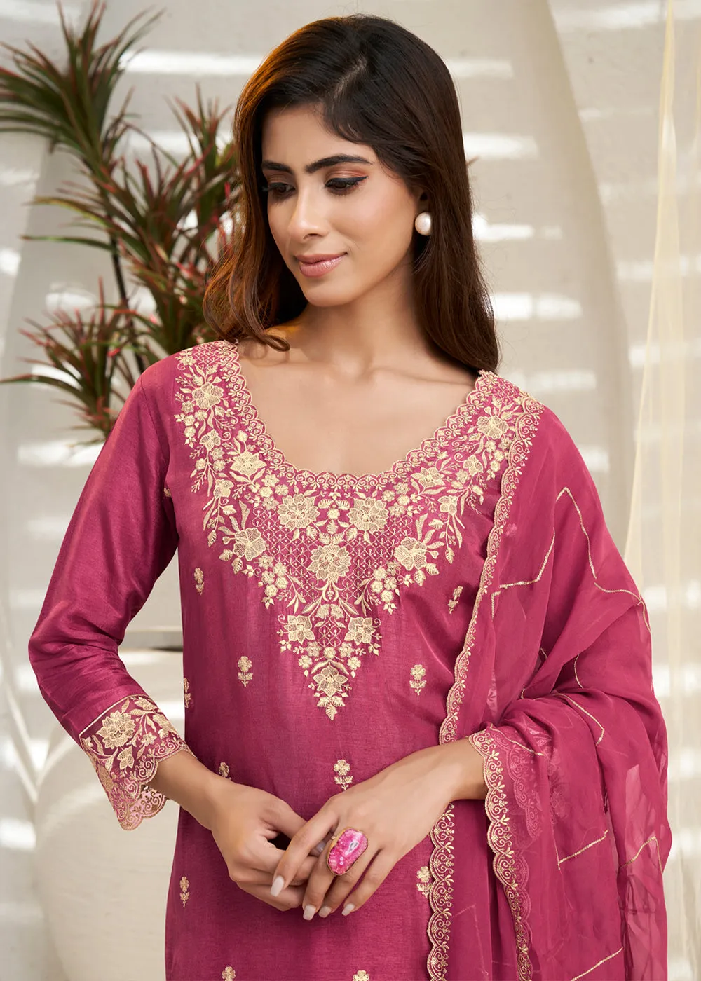 Cherry Pink Dola Silk Suit Featuring Designer Yoke & Beaded Handwork
