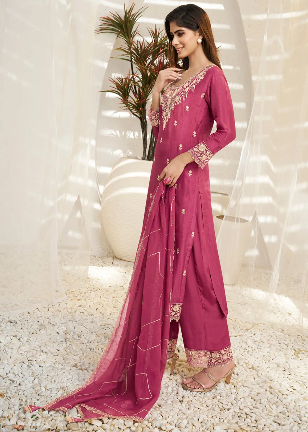 Cherry Pink Dola Silk Suit Featuring Designer Yoke & Beaded Handwork