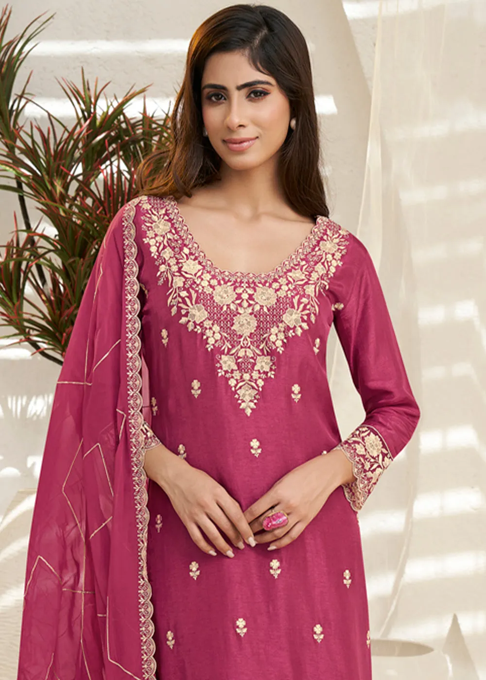 Cherry Pink Dola Silk Suit Featuring Designer Yoke & Beaded Handwork