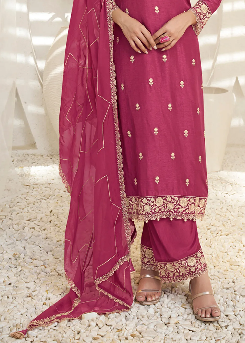 Cherry Pink Dola Silk Suit Featuring Designer Yoke & Beaded Handwork