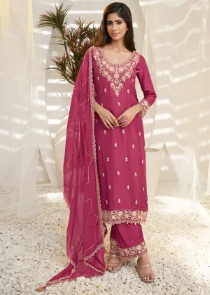 Cherry Pink Dola Silk Suit Featuring Designer Yoke & Beaded Handwork